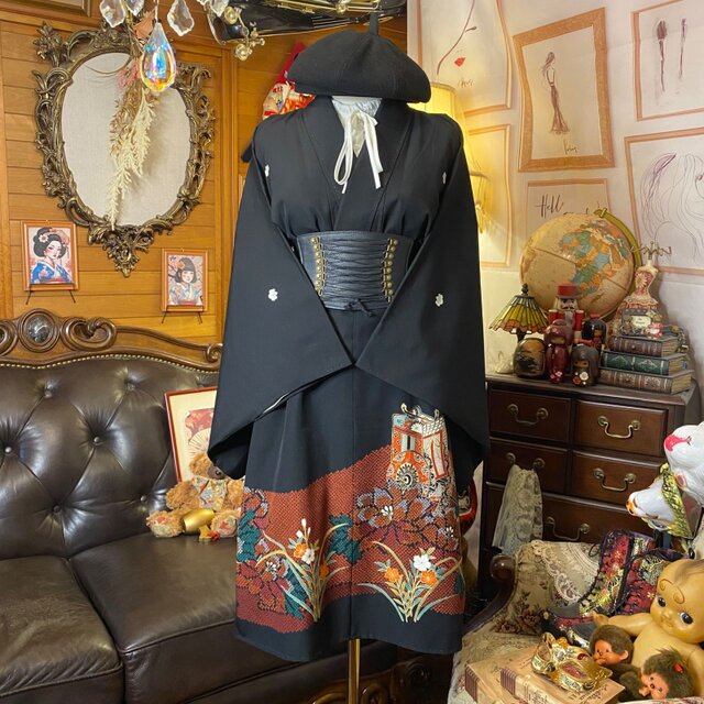 黒留袖 着物 リメイク ワンピース ドレス ミニミディ 和洋折衷 洗える