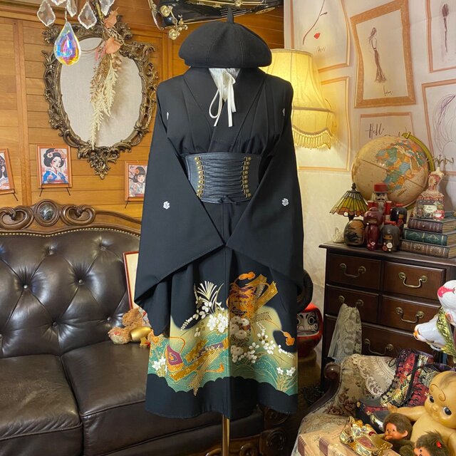 黒留袖 着物 リメイク ワンピース ドレス ミニミディ 和洋折衷 洗える