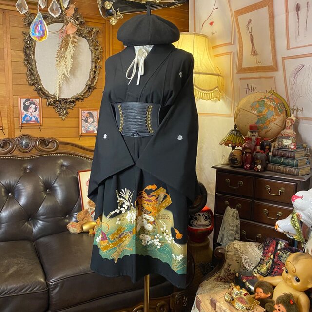 黒留袖 着物 リメイク ワンピース ドレス ミニミディ 和洋折衷 洗える