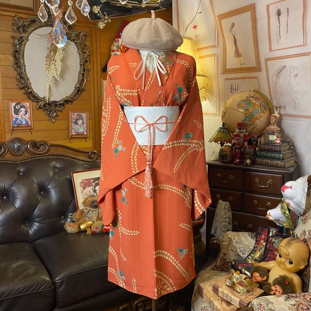 着物リメイクワンピース3585 和洋折衷 着物 リメイク ロング 丈 ワンピース ドレス 洗える 化繊 帯