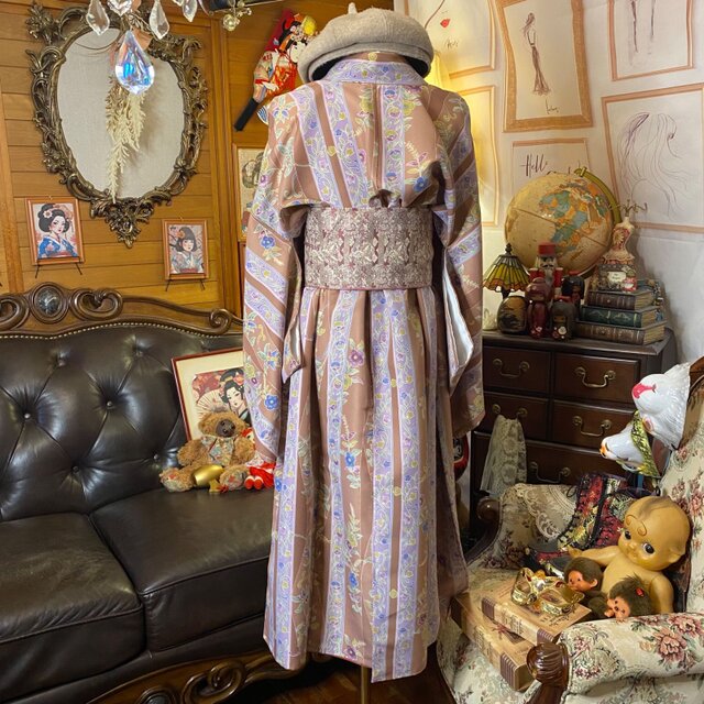 着物リメイク ワンピース ドレス セミロング 洗える 化繊 名古屋帯