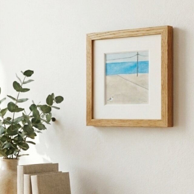 原画・水彩画】「海を望む」 ※木製額縁入り（18㎝角）イラスト