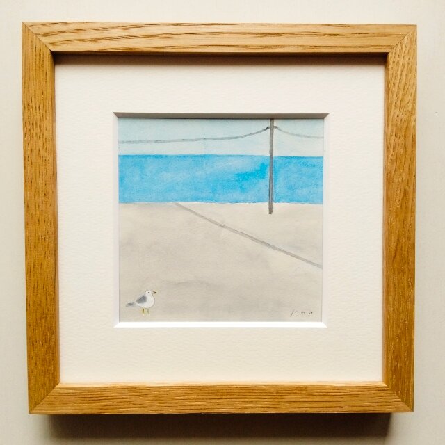 原画・水彩画】「海を望む」 ※木製額縁入り（18㎝角）イラスト