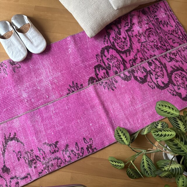 59×156ピンクオーバーダイ パッチワーク トルコヴィンテージラグ