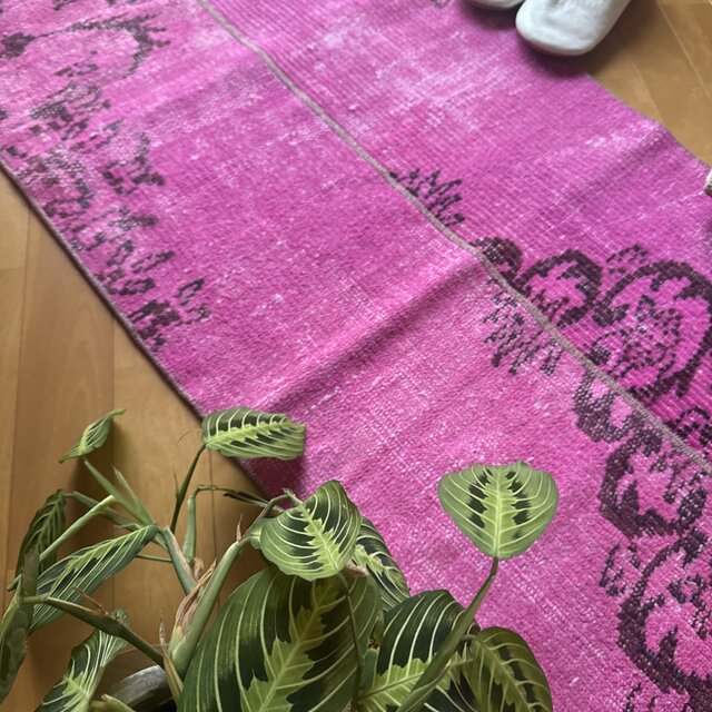 59×156ピンクオーバーダイ パッチワーク トルコヴィンテージラグ