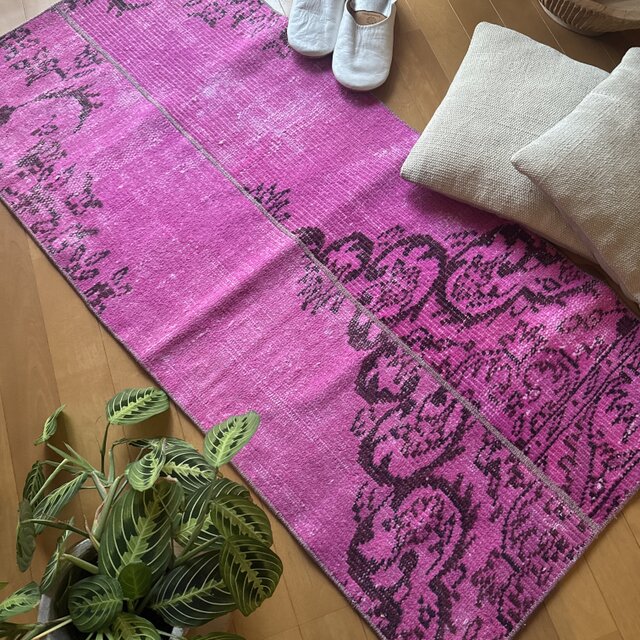 59×156ピンクオーバーダイ パッチワーク トルコヴィンテージラグ