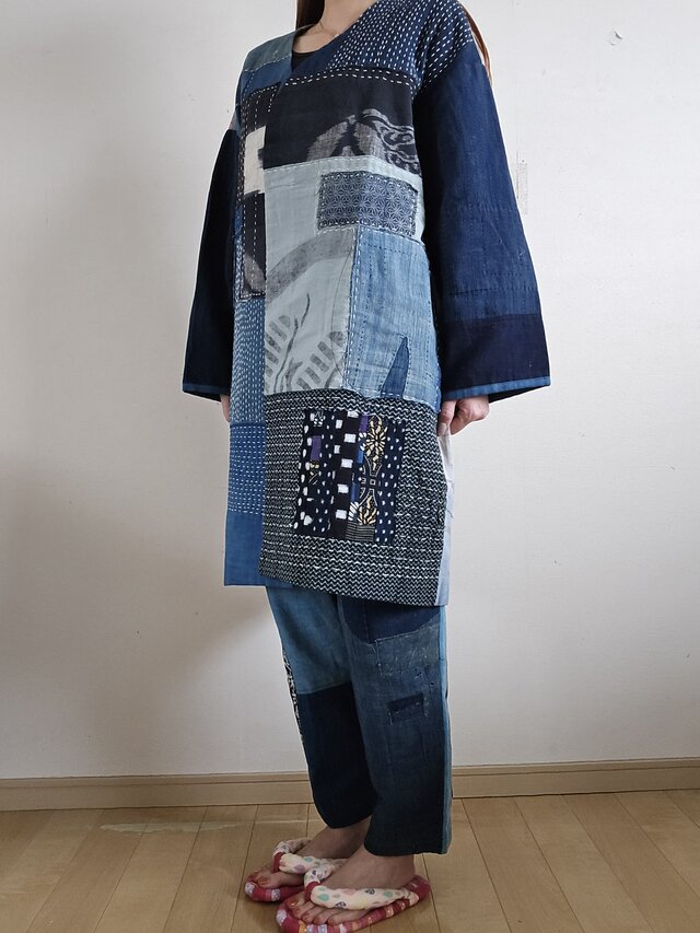 着物リメイク BORO のぼり 型染め 刺し子 パッチワーク コート | iichi