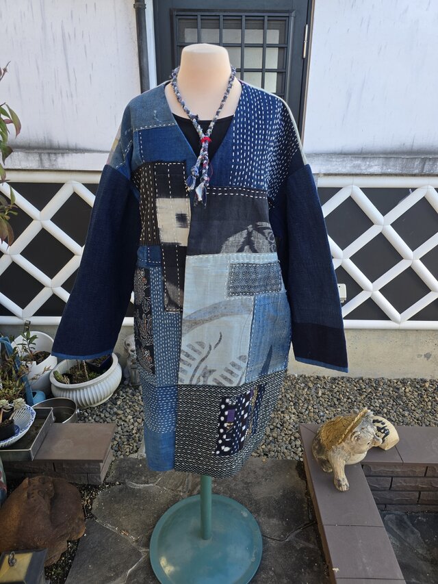 着物リメイク BORO のぼり 型染め 刺し子 パッチワーク コート | iichi