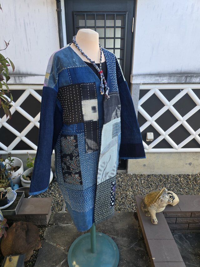 着物リメイク BORO のぼり 型染め 刺し子 パッチワーク コート | iichi