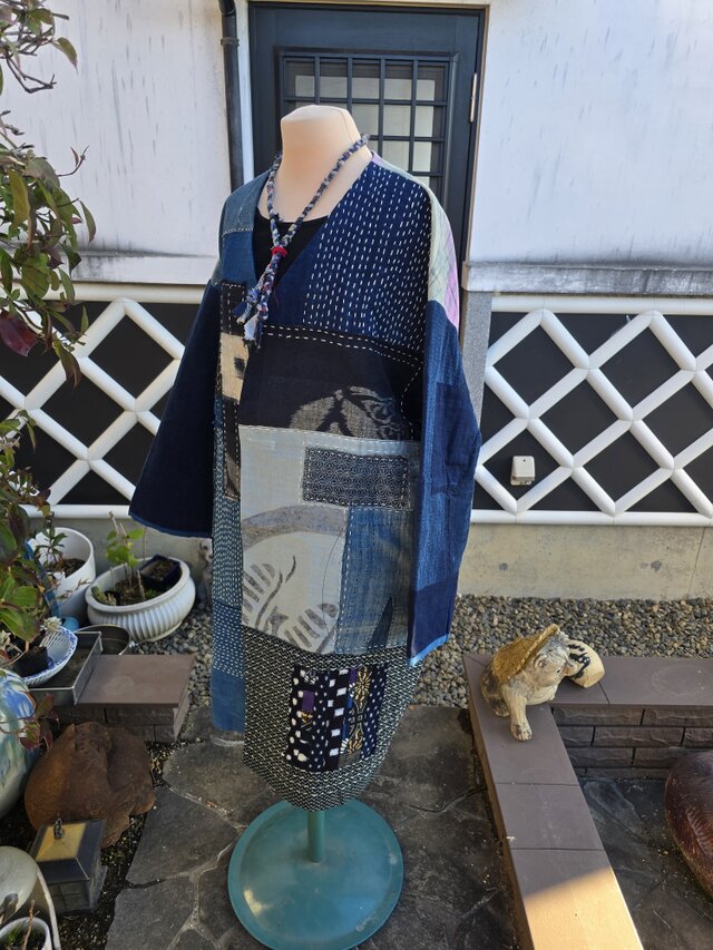 着物リメイク BORO のぼり 型染め 刺し子 パッチワーク コート | iichi