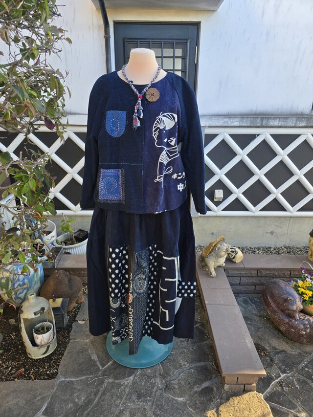着物リメイク 半纏 藍無地 雪ん子など パッチワーク スカート | iichi