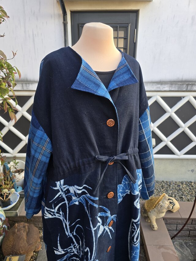 着物リメイク 筒描きとチェックの木綿 コート 絹の裏地付き | iichi