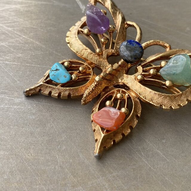 Vintage 60s-70s USA multicolor natural stone butterfly brooch