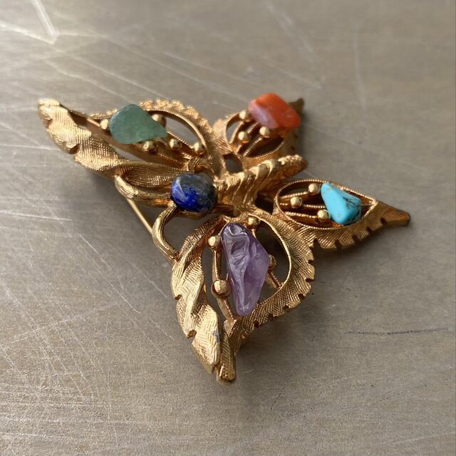 Vintage 60s-70s USA multicolor natural stone butterfly brooch