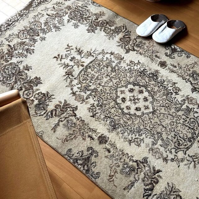 93×199 ベージュブラウン 花や実 メダリオン トルコヴィンテージラグ