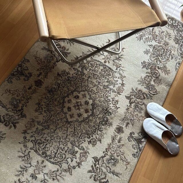 93×199 ベージュブラウン 花や実 メダリオン トルコヴィンテージラグ