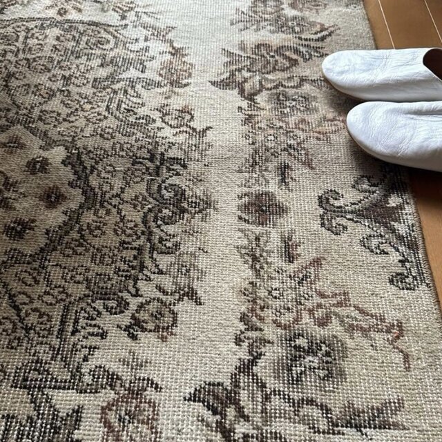 93×199 ベージュブラウン 花や実 メダリオン トルコヴィンテージラグ