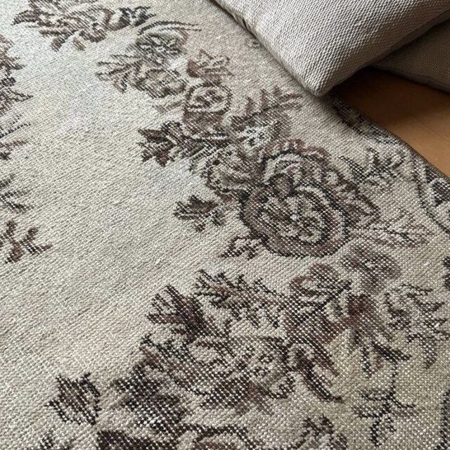 93×199 ベージュブラウン 花や実 メダリオン トルコヴィンテージラグ