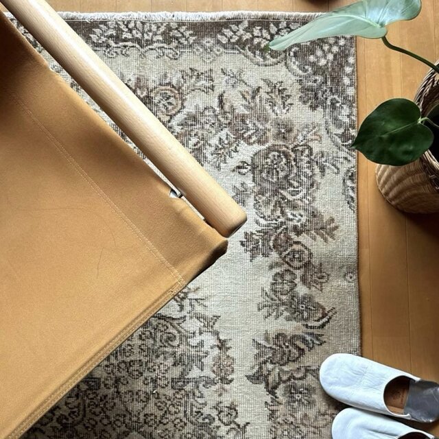 93×199 ベージュブラウン 花や実 メダリオン トルコヴィンテージラグ