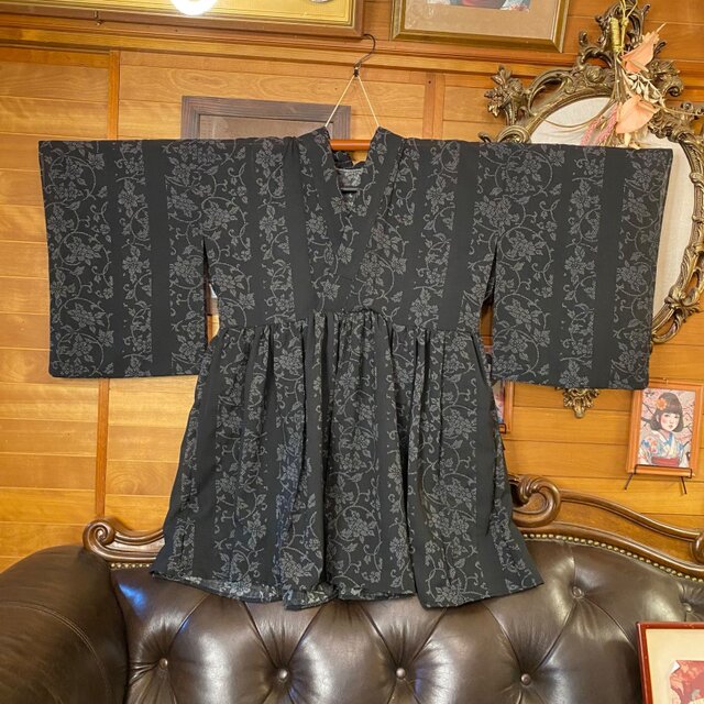 夏着物 ミニ丈 ワンピース ドレス 和ロリ 2部式作り帯 名古屋帯