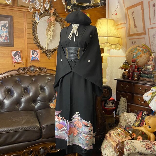 黒留袖 着物 リメイク ワンピース ドレス ロング 和洋折衷 洗える 化繊