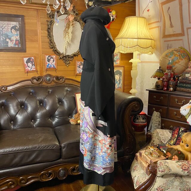 黒留袖 着物 リメイク ワンピース ドレス ロング 和洋折衷 洗える 化繊