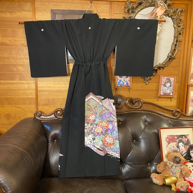 黒留袖 着物 リメイク ワンピース ドレス ロング 和洋折衷 洗える 化繊