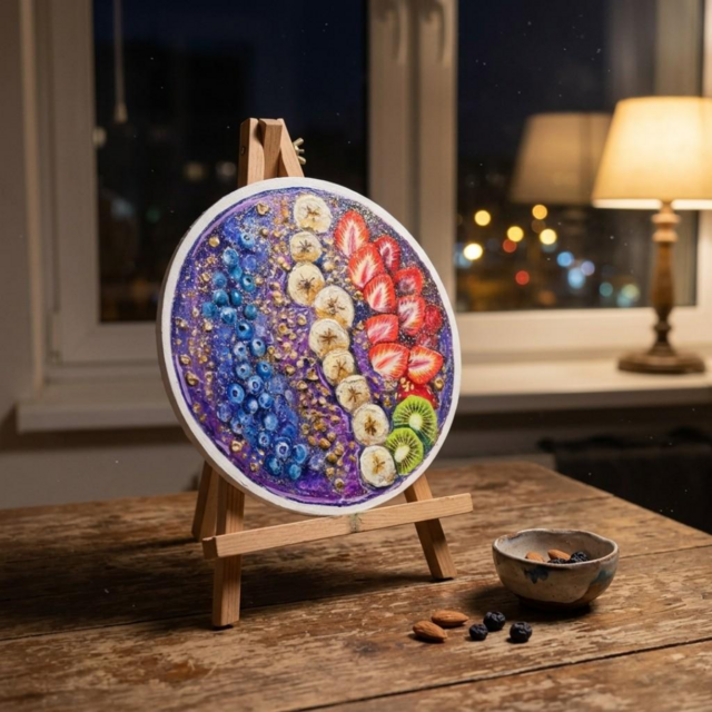 原画】油絵「紫のパレット、朝の果実」北欧モダンな円形アートパネル
