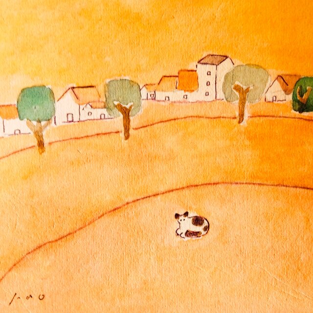 原画・イラスト】「黄昏の町」 ※木製額縁入り（18㎝角）・水彩