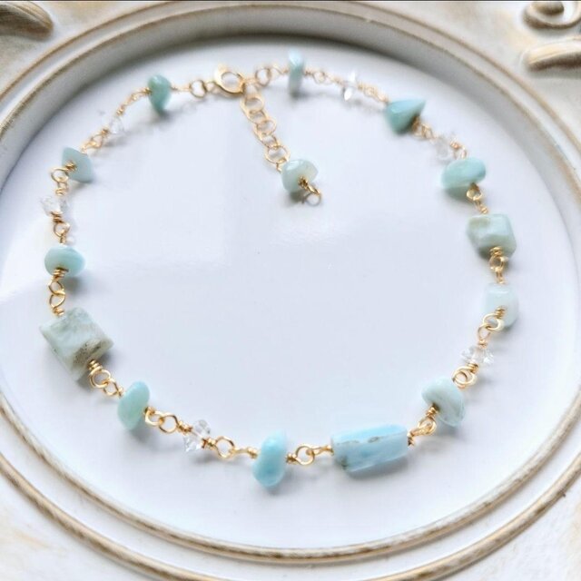 受注制作】ラリマーとハーキマーダイヤモンドのブレスレット 