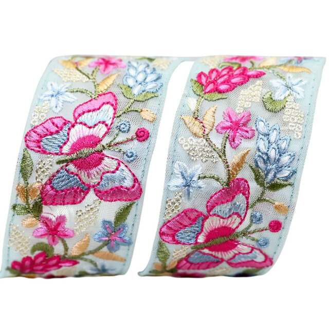 インド刺繍リボン50cm切り売り 蝶々とお花 チュール ブルー地 5.0cm幅