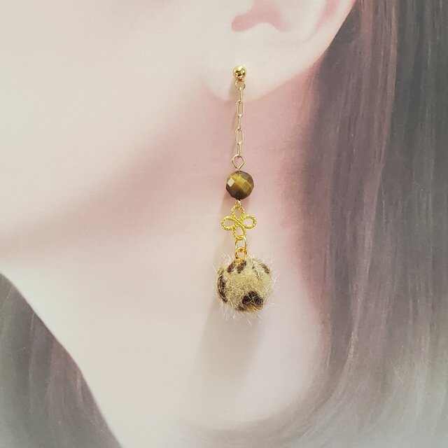 タイガーアイ×アニマルファー ピアス 天然石ピアス イヤリング