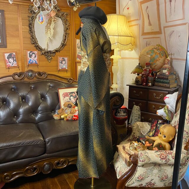 着物リメイク ワンピース ドレス ロング 洗える 化繊 名古屋帯サッシュベルト 和洋折衷 レトロ 古着 ハンドメイド 粋な静寂 KW-1198 着物リメイク ワンピース ドレス ロング 洗える 化繊 名古屋帯サッシュ