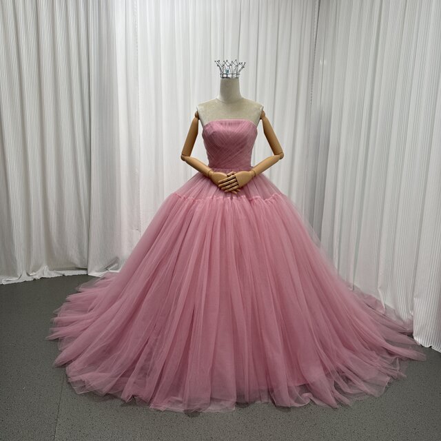 カラードレス ローズピンク ベアトップ チュールスカート プリンセス