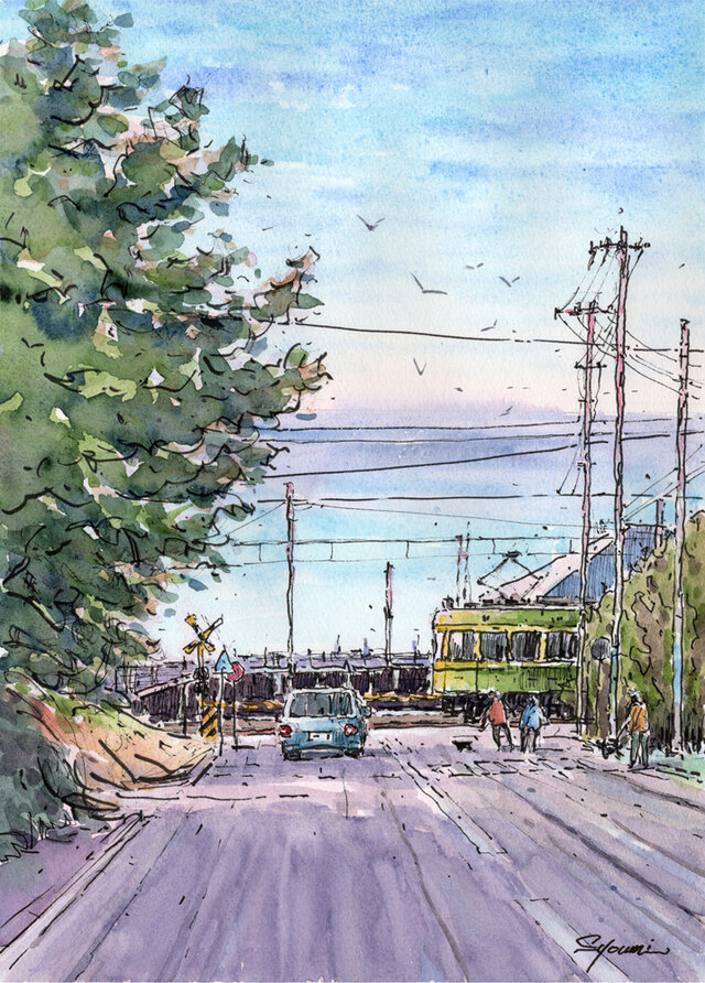 水彩画原画 鎌倉プリンスホテル前踏切と七里ガ浜の海 ＃708 | iichi