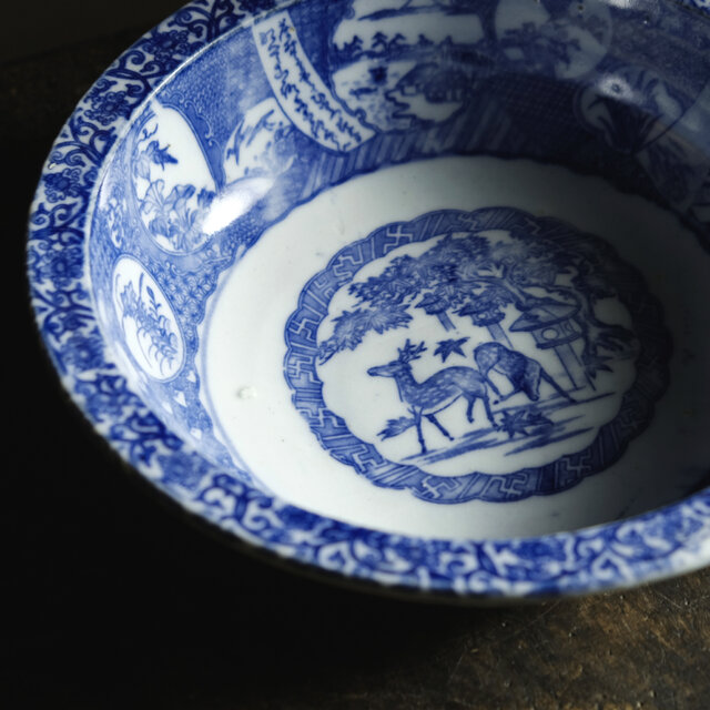 鹿と馬と鳥◇富士の山や風景。時代物 染付判大鉢 碗 骨董・antiques 古