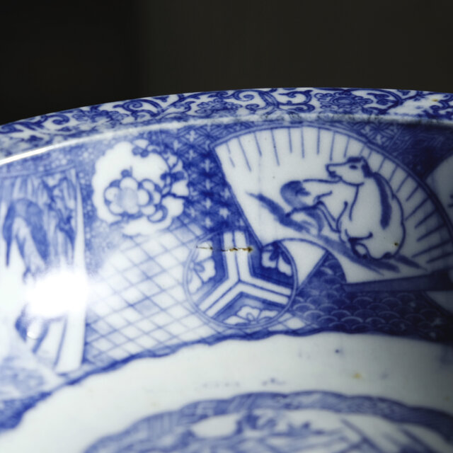 鹿と馬と鳥◇富士の山や風景。時代物 染付判大鉢 碗 骨董・antiques 古