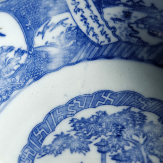 鹿と馬と鳥◇富士の山や風景。時代物 染付判大鉢 碗 骨董・antiques 古