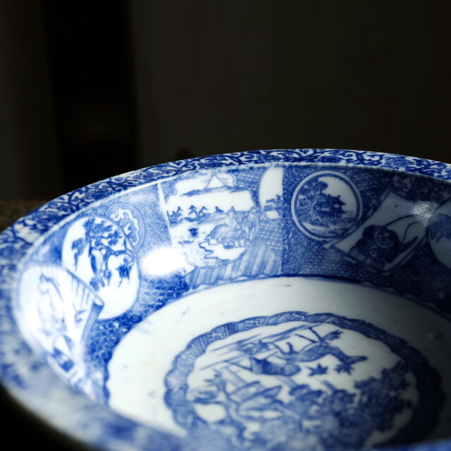鹿と馬と鳥◇富士の山や風景。時代物 染付判大鉢 碗 骨董・antiques 古