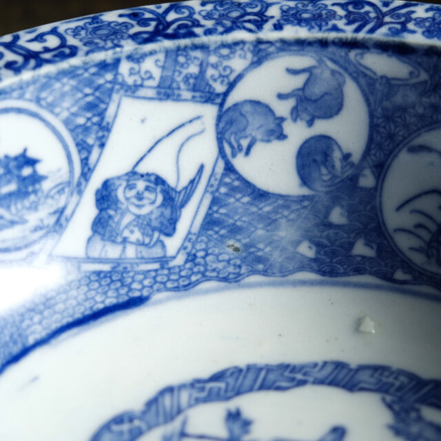 鹿と馬と鳥◇富士の山や風景。時代物 染付判大鉢 碗 骨董・antiques 古