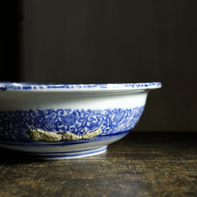 鹿と馬と鳥◇富士の山や風景。時代物 染付判大鉢 碗 骨董・antiques 古