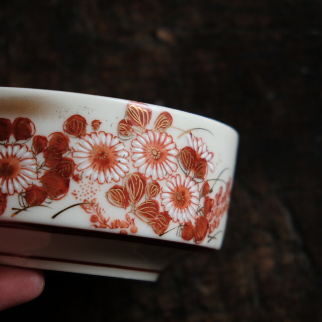 お正月に◇美しい赤絵。久谷焼 花文赤絵金彩盛鉢 小鉢 和食器 工芸品