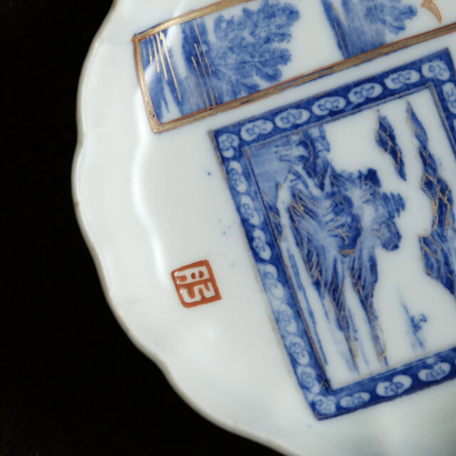 お正月に◇花と山水図。伊万里 色絵印判金彩小皿 骨董/antiques 古美術