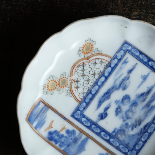 お正月に◇花と山水図。伊万里 色絵印判金彩小皿 骨董/antiques 古美術
