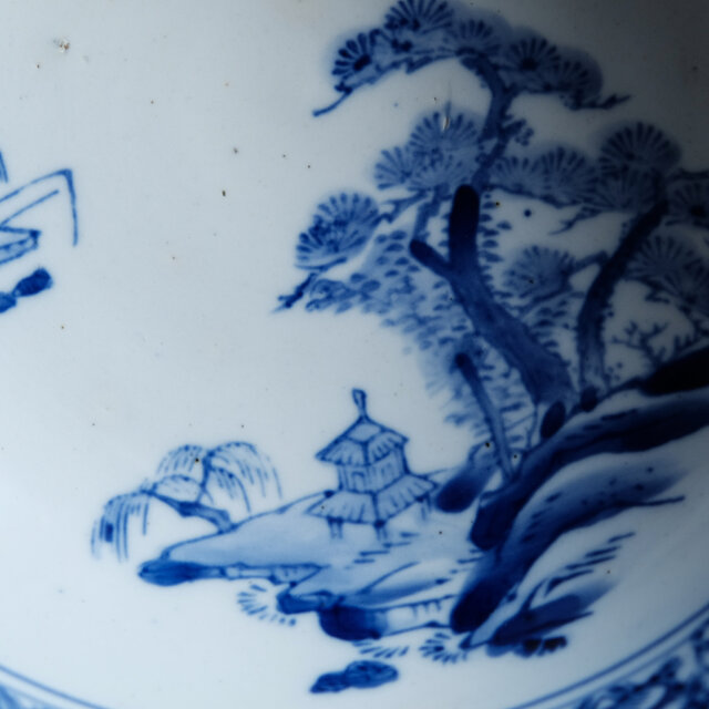 漢文と風景図◇縁に松竹梅。瀬戸焼 時代染付印判大鉢 碗 骨董