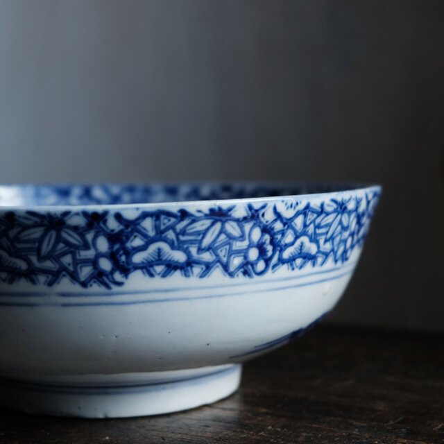 漢文と風景図◇縁に松竹梅。瀬戸焼 時代染付印判大鉢 碗 骨董