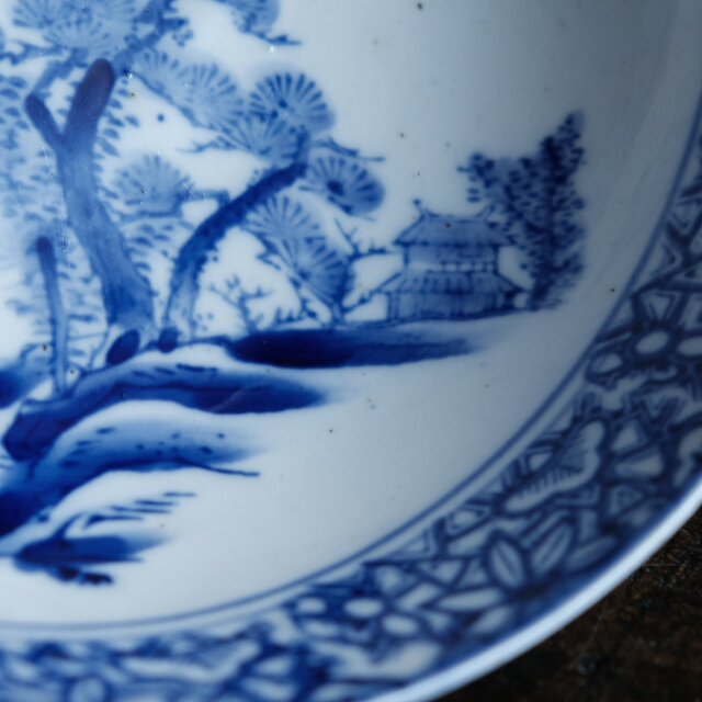 漢文と風景図◇縁に松竹梅。瀬戸焼 時代染付印判大鉢 碗 骨董