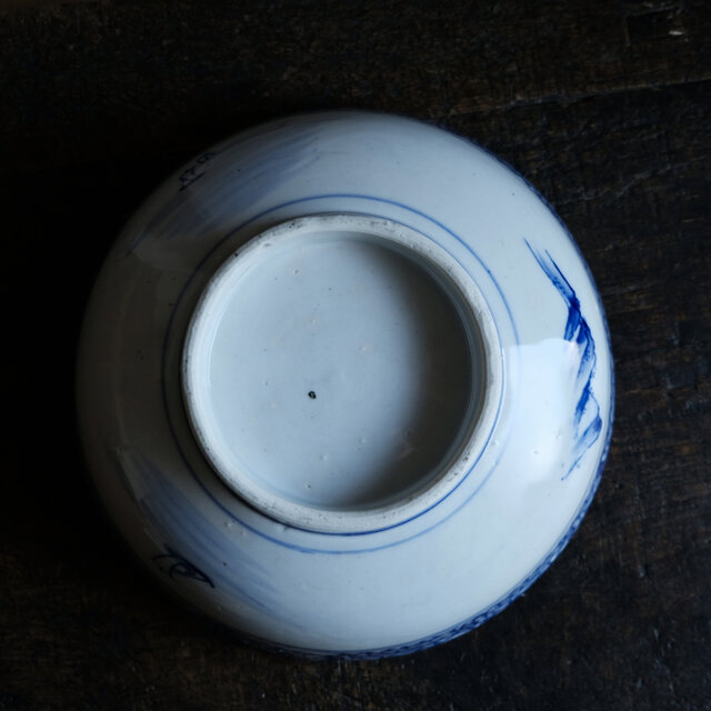 漢文と風景図◇縁に松竹梅。瀬戸焼 時代染付印判大鉢 碗 骨董