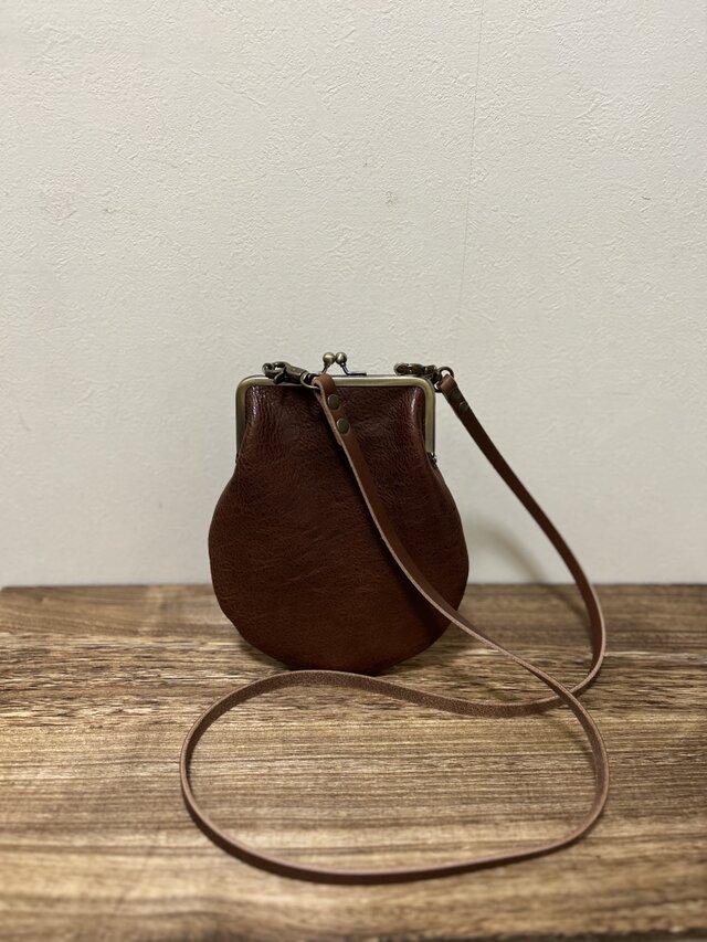 姫路レザーがま口ポシェット◇焦げ茶 カード入れ スマホショルダー