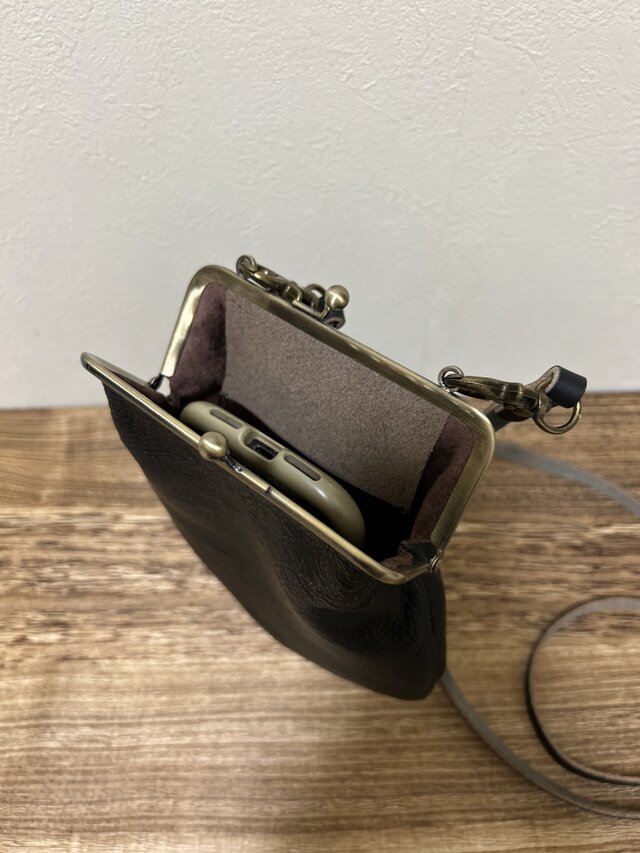 姫路レザーがま口ポシェット◇焦げ茶 カード入れ スマホショルダー